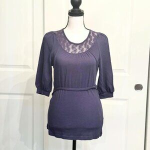 Ella Moss Navy Blue Three Quarter Sleeve Belted Wrap Top Blouse, Size S